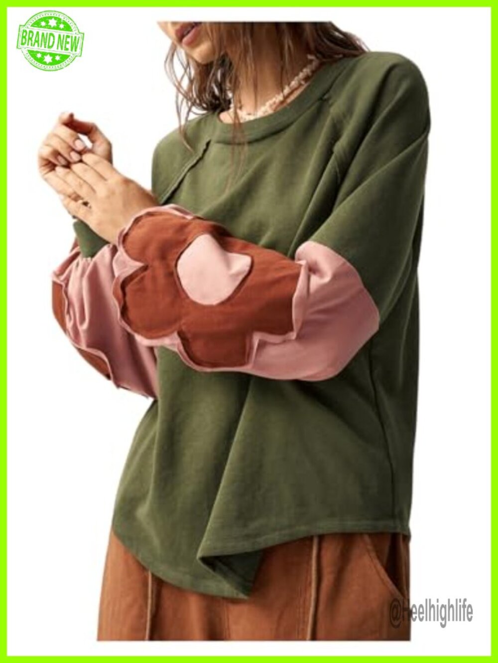 Oversized Boho Colorblock Sweatshirt Crewneck Drop Shoulder